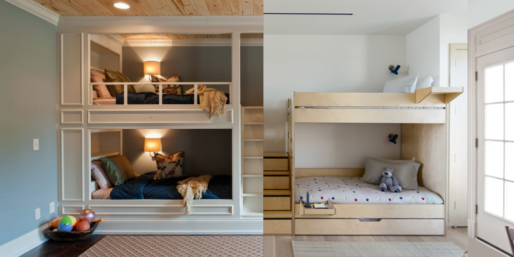 Split image of custom built-in bunk beds with cozy nooks and ambient lighting in tranquil rooms.