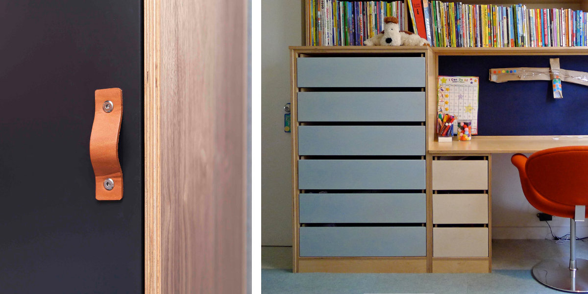 Split image of a leather door pull on a modern door and a child's study area with shelves and desk.