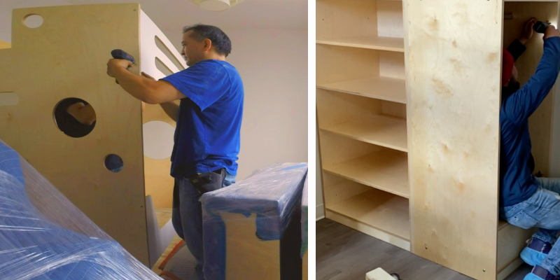 Two images of a man working: left, drilling into a wooden panel with portholes; right, installing shelves in a cabinet.