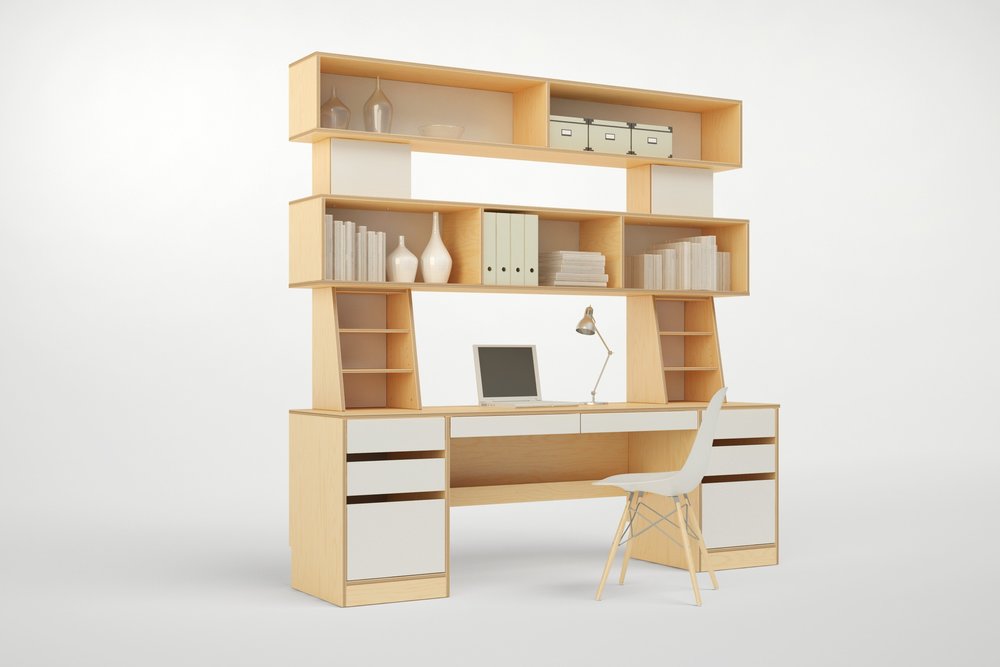 Stylish home office setup with desk, chair, and large shelving unit against a white background.
