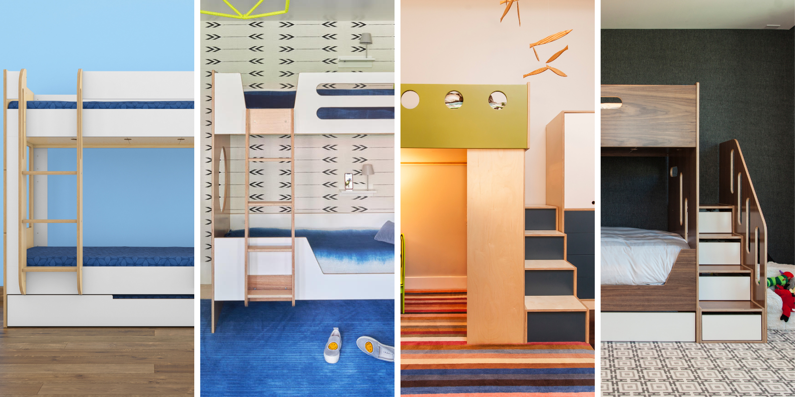Collage: diverse children's beds in various room settings, showcasing creative designs and playful elements.