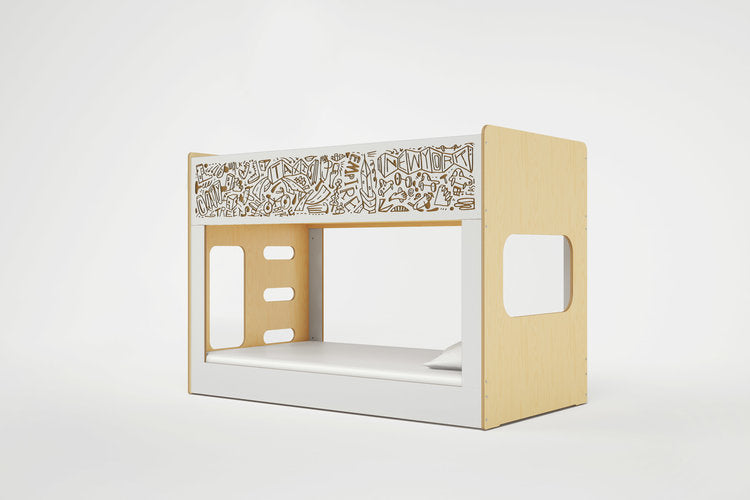 Modern minimalist bunk bed with storage on white background.