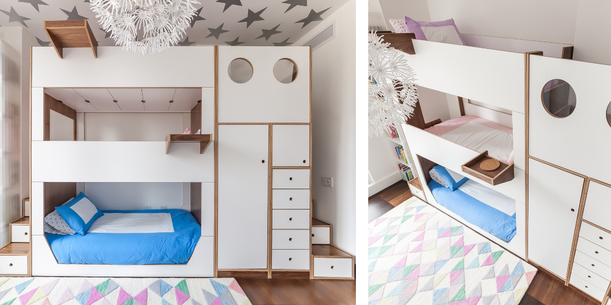 Collage of images: left, a white bunk bed with blue bedding; right, a different angle of the bed with patterned carpet.