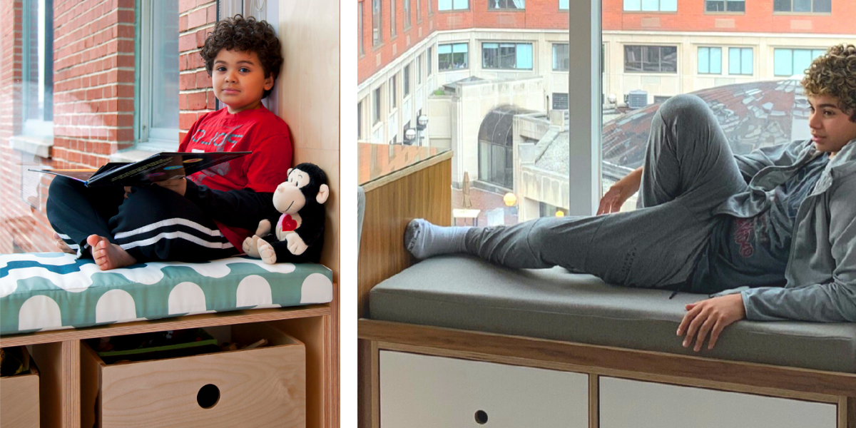 Two images of a boy: left, reading on a bench with a stuffed toy; right, lying on a bench near a window.