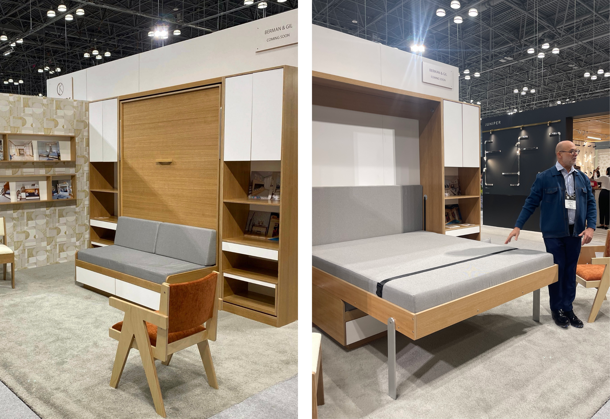 Split image of a convertible murphy bed at a trade show, sofa mode and bed mode, with an attendant.