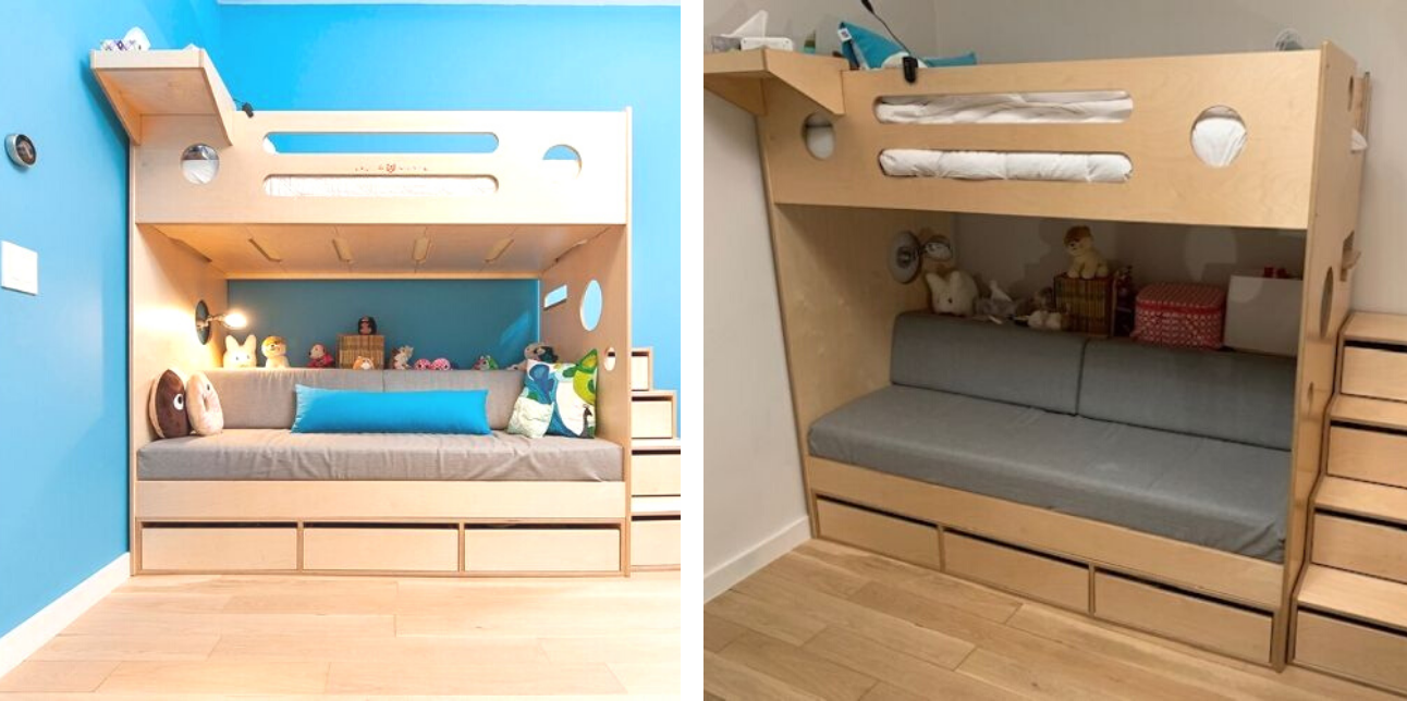 Two images of modern bunk beds: one with blue bedding and toys, the other with gray bedding and storage drawers.