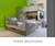 Three brothers dynamic children's room with custom gray bunk beds, green walls, and built-in storage.