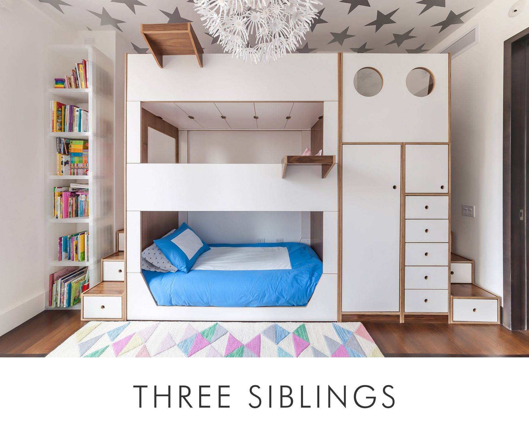 Three siblings creative children's room with stacked beds, starry ceiling, geometric rug, and bookshelf.