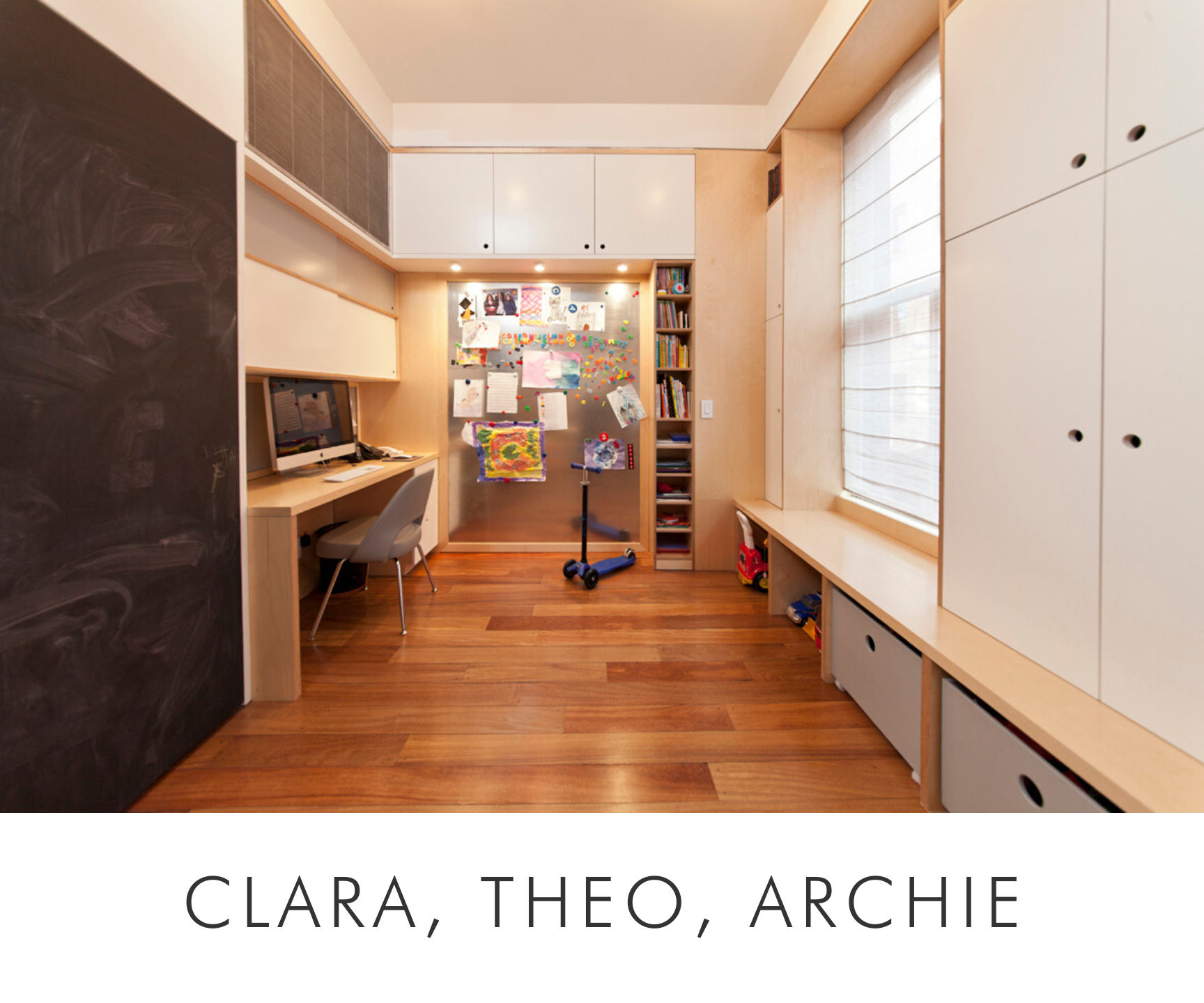 Clara , theo , archie thinviting study room with a desk, chalkboard wall, built-in storage, and large window with blinds.