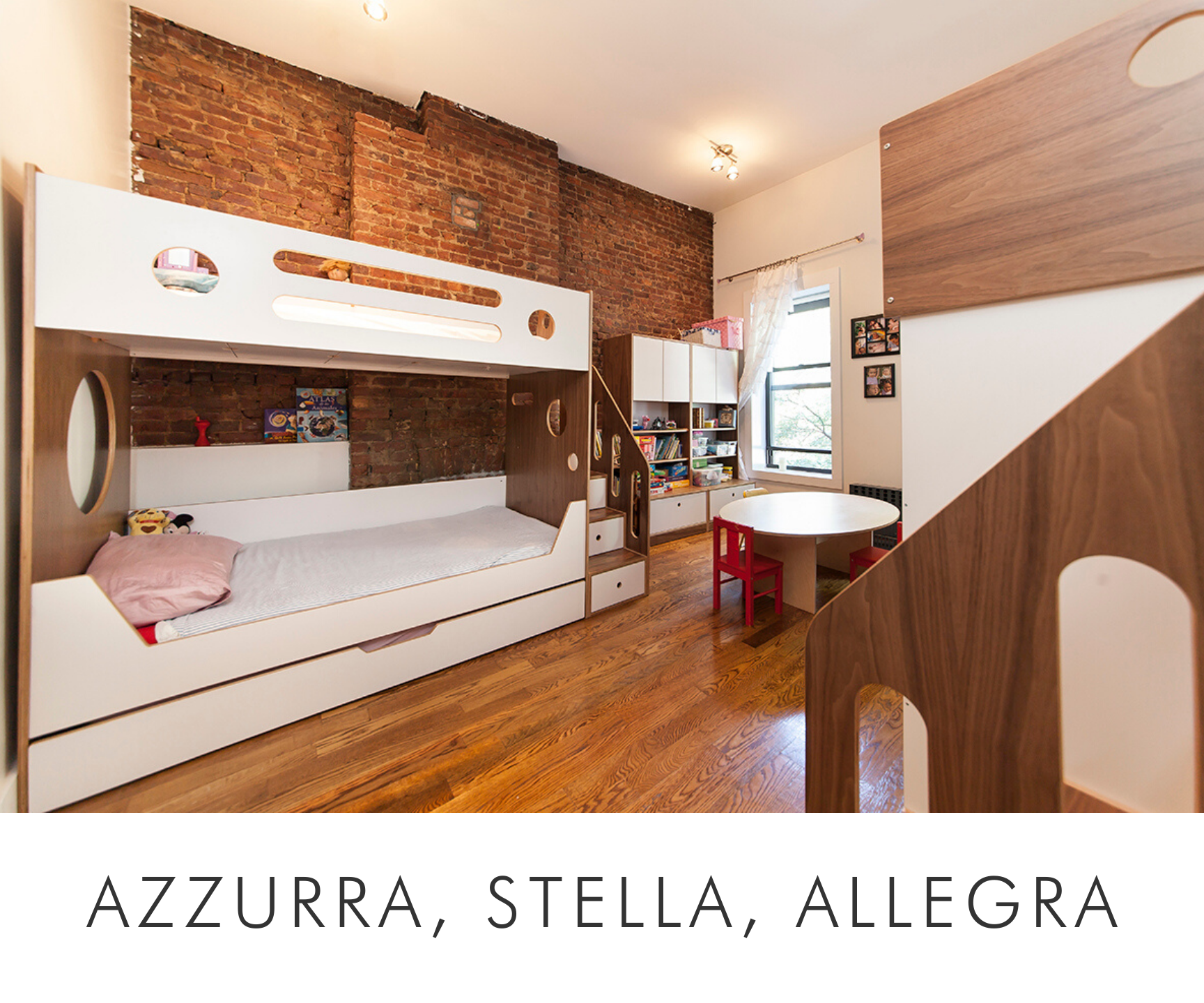 Warm children's room with bunk beds, exposed brick wall, hardwood floors, and a round table.