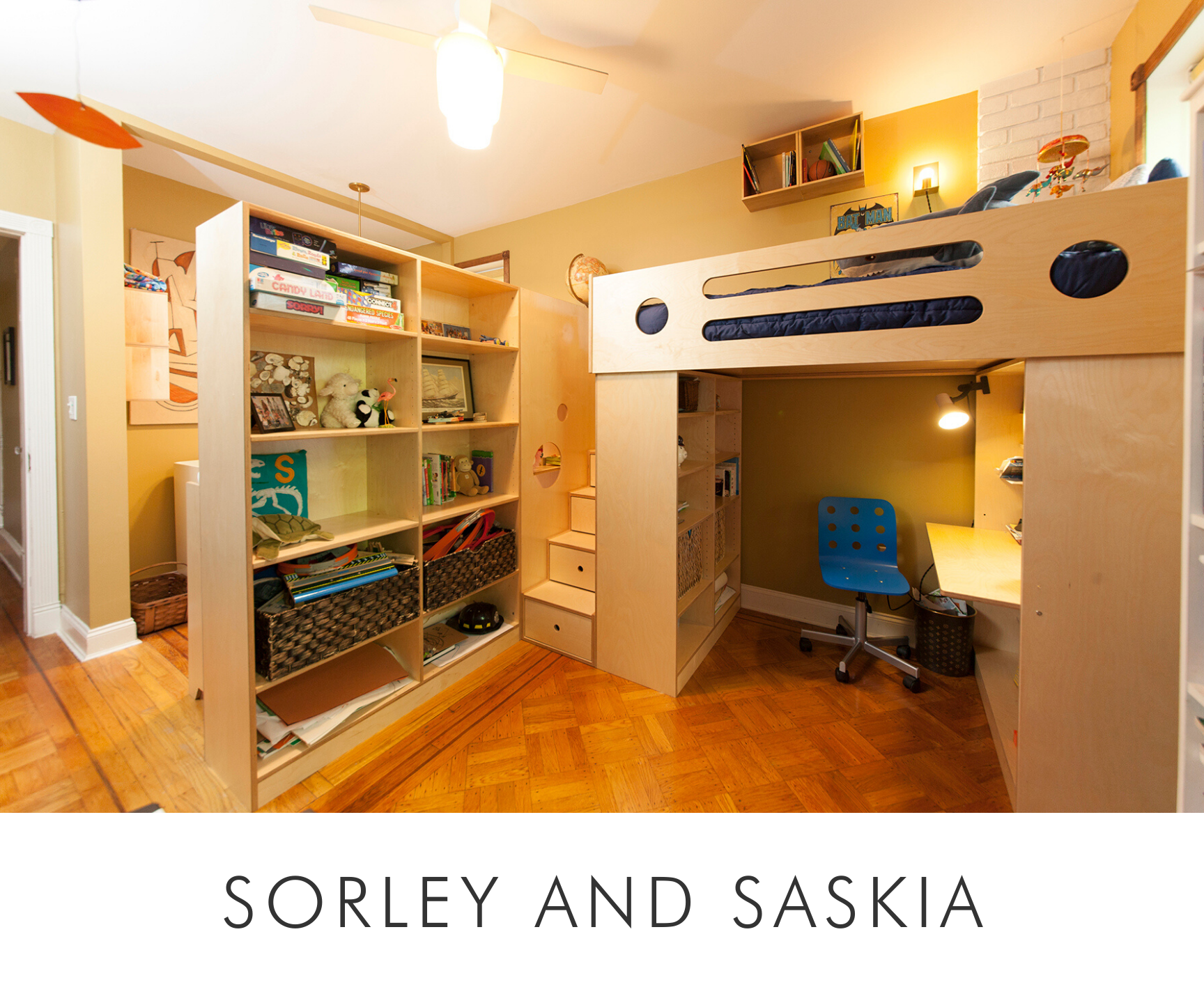 Bunk bed, desk, and shelves in ‘SORLEY AND SASKIA’ room.