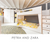 Modern bedroom with white bunk beds, yellow bedding, circular rug, and built-in shelves.