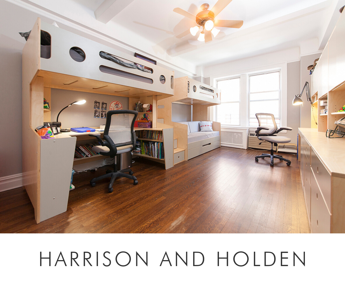 Harrison and holden spacious study room with two desks, ergonomic chairs, loft bed, and hardwood flooring.