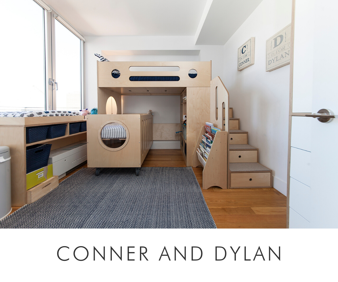 Conner and dylan modern children's room with bunk bed, staircase, gray carpet, and personalized wall decor.