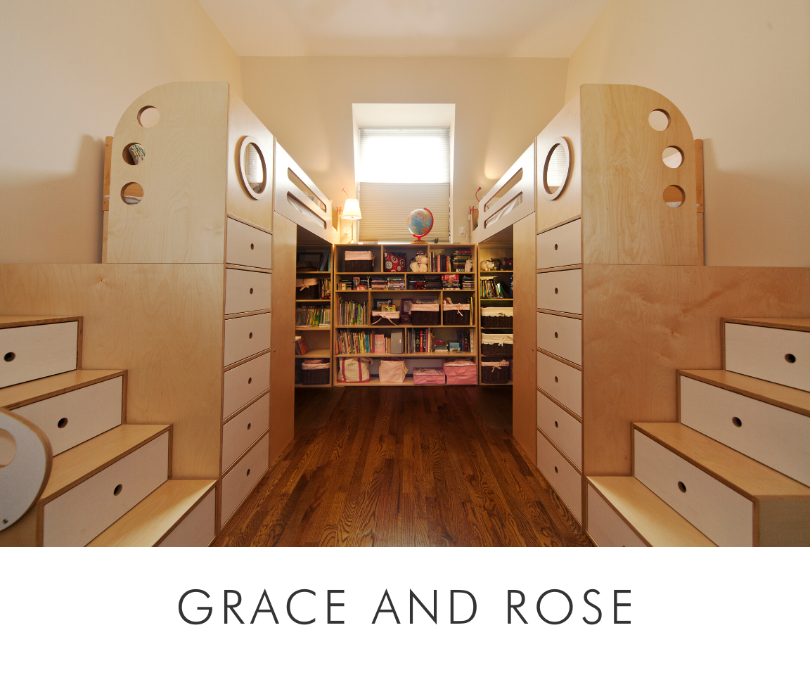 Grace and rose room cozy reading book flanked by bunk beds with built-in drawers and a rich wooden floor.