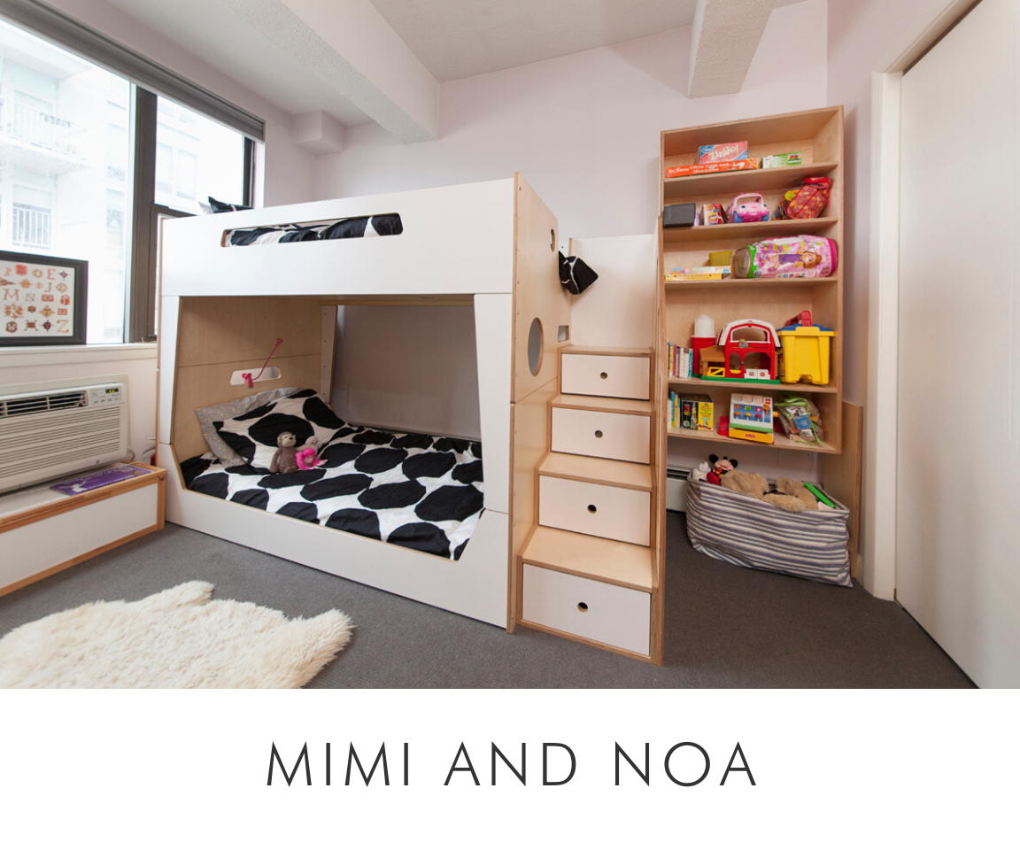 Mimi and noa compact children's room with bunk bed, stairs, toy storage, and a plush white rug on the floor.
