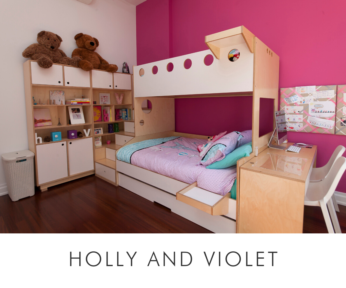 Holly and violet bright pink room with a bunk bed, teddy bears, bookshelf, and a study area with a white chair.