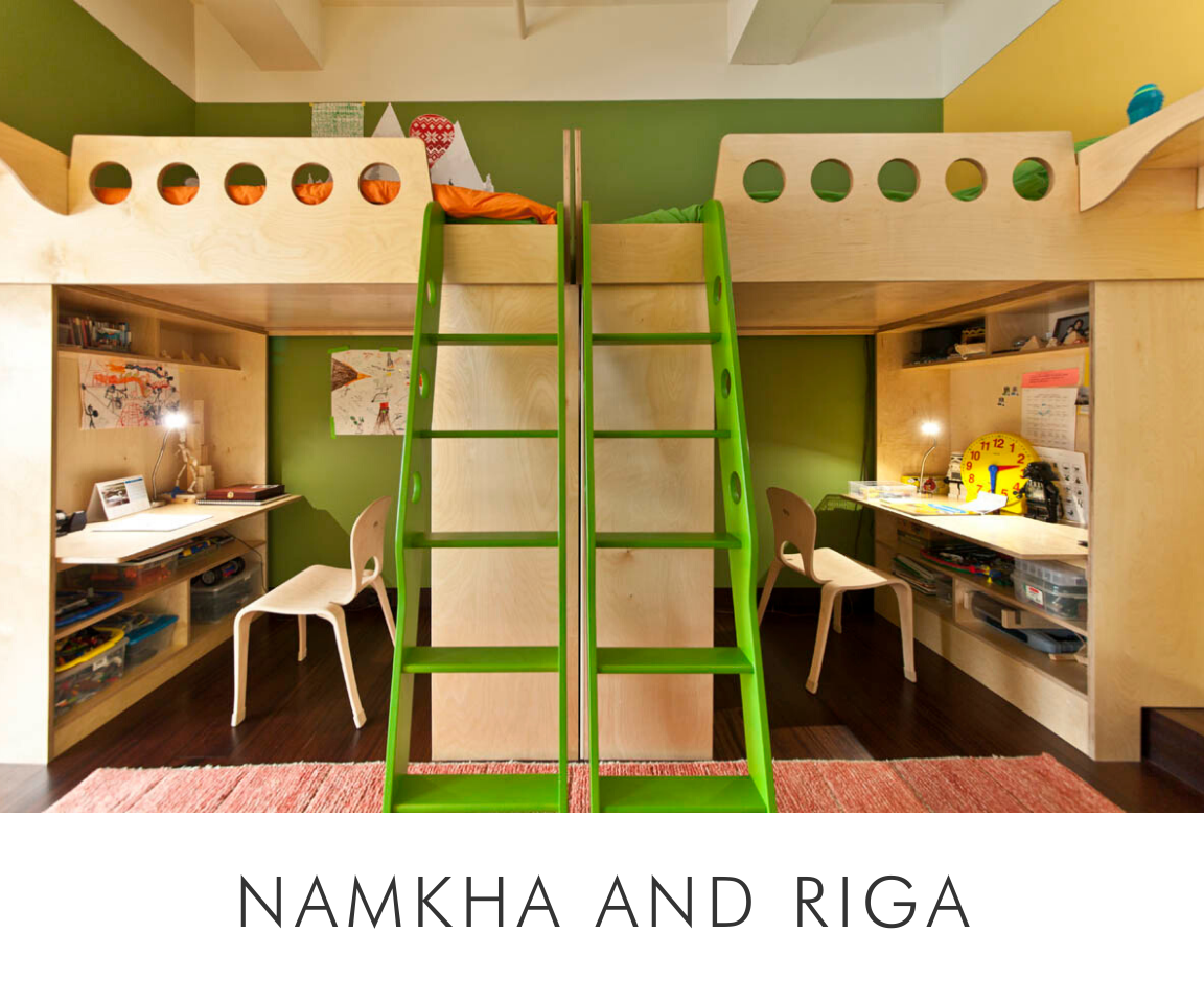 Namkha and riga vibrant kids' room with green walls, a loft bed, bright green ladder, and two study desks.