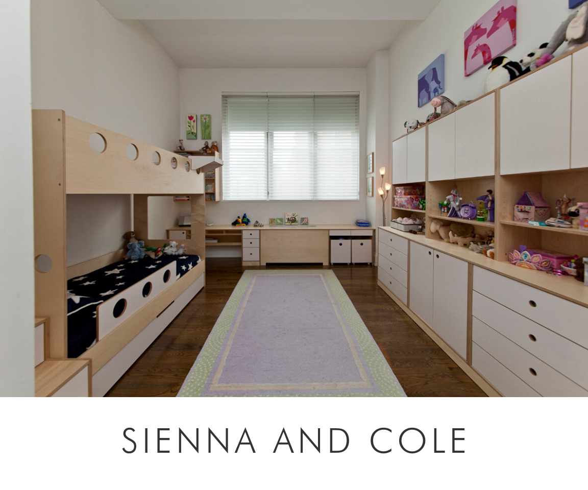 Sienna and cole spacious room with bunk beds, extensive shelving, a central rug, and organized toy storage.