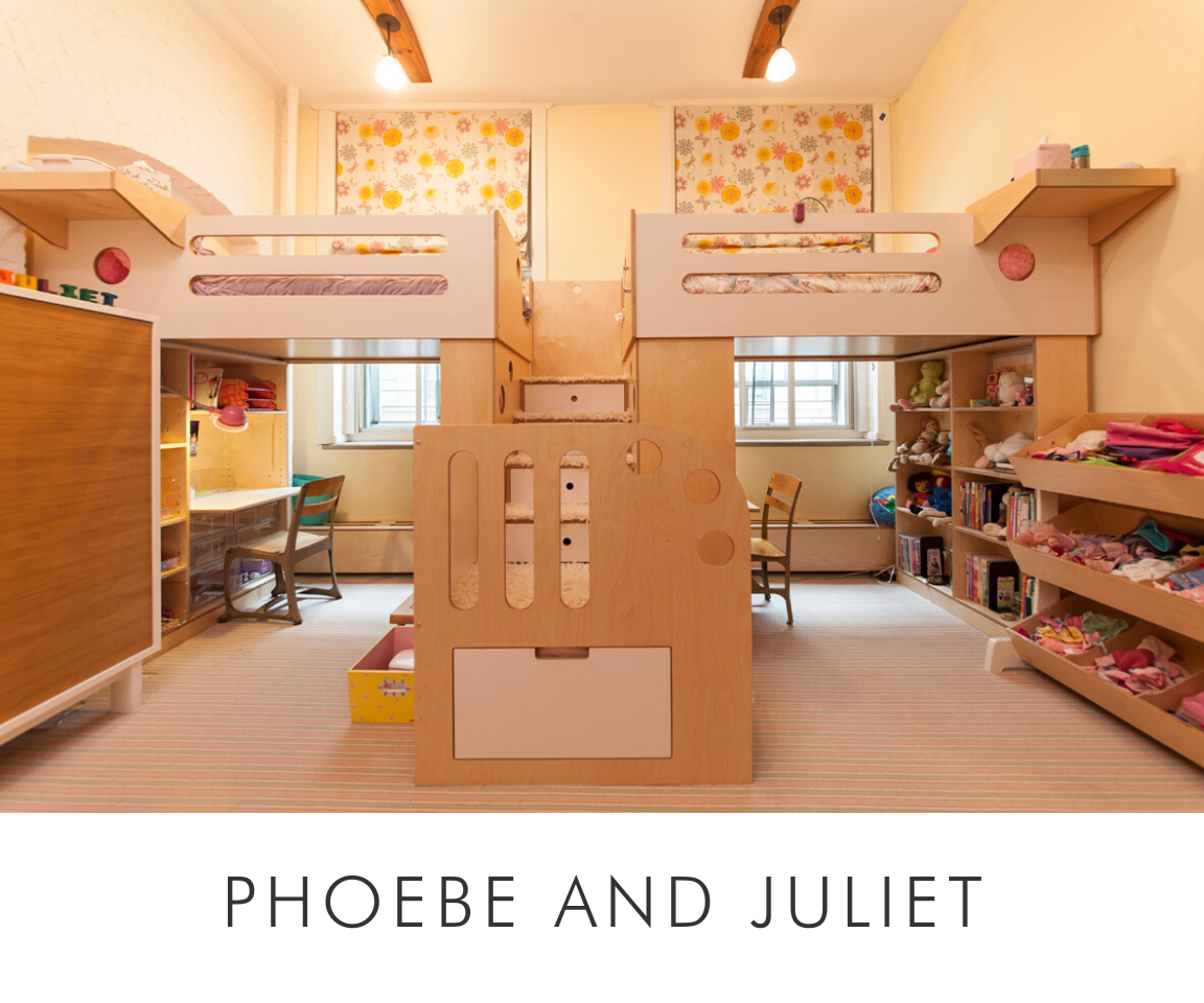 Phoebe and Juliet cheerful children's room with dual loft beds, desks, floral decor, and ample toy and book storage.