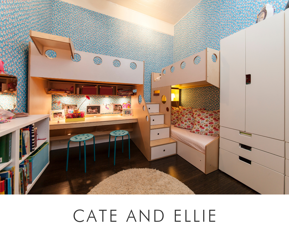 Cate and ellie room cozy bedroom with twin beds, desk area, patterned wallpaper, blue stools, and plush round rug.