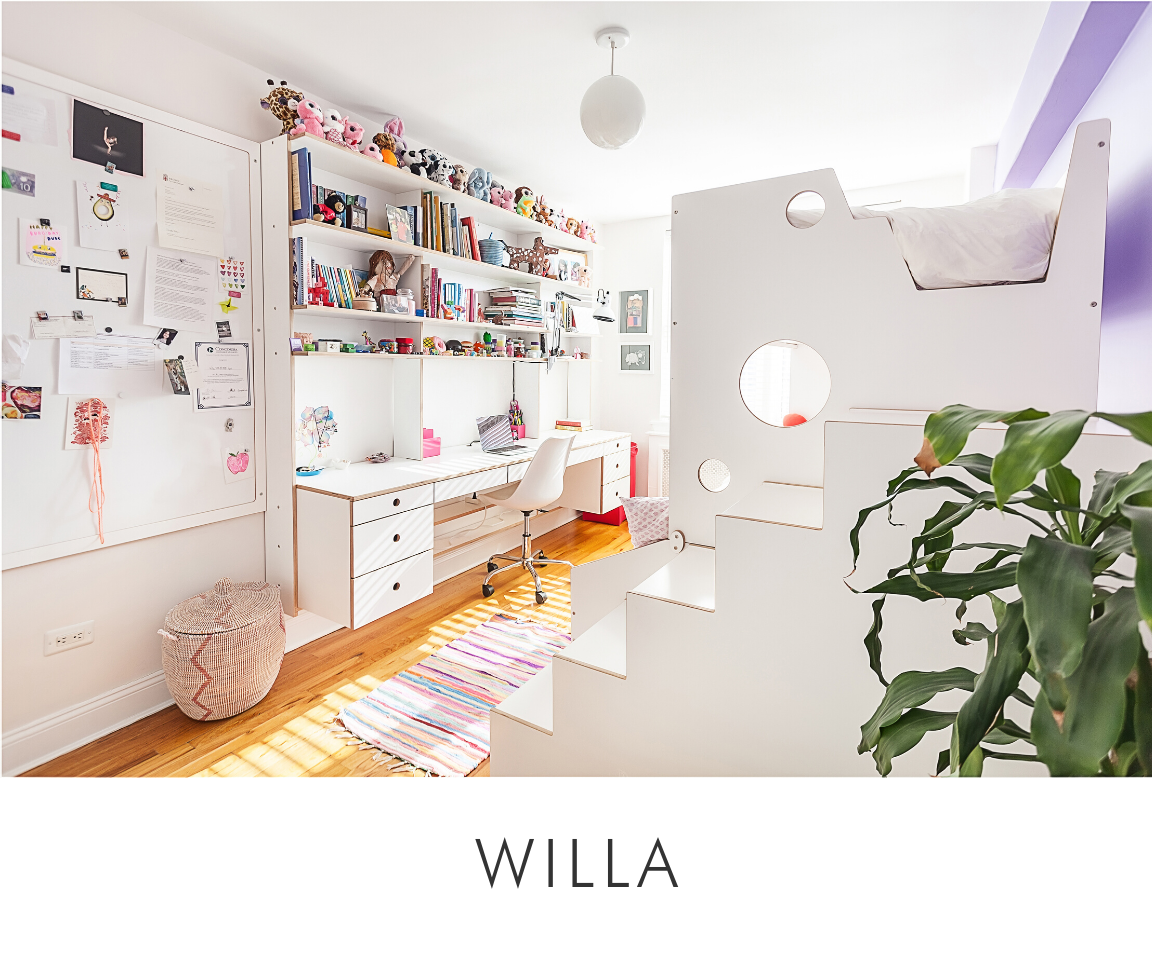 Willa room bright and airy creative space with white desk, shelving, colorful rug, and a large plant.