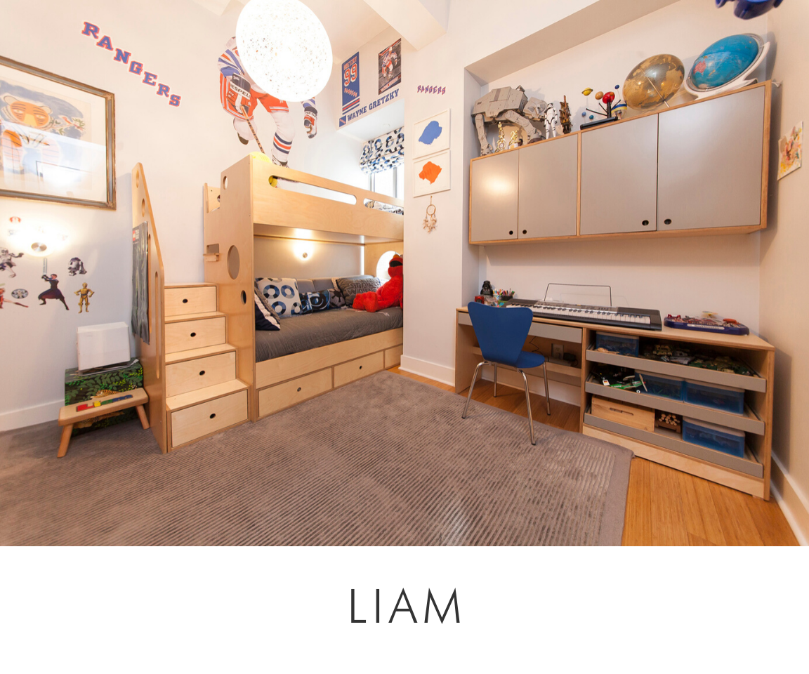 Liam room themed child's room with bunk bed, desk, wall cabinets, and space-related decorations.