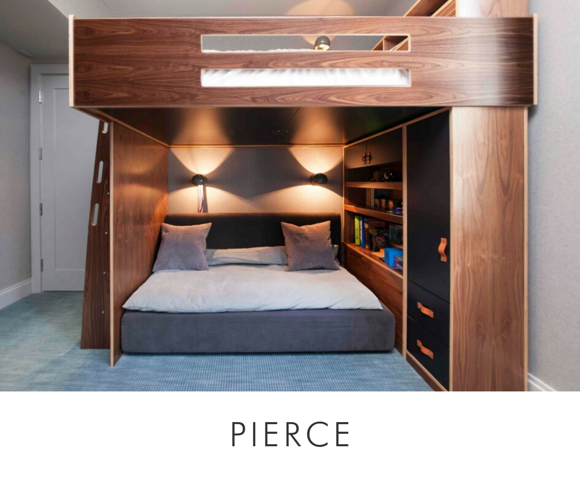 Pierce room modern loft bed with built-in lighting, shelves, and a cozy sleeping area below.