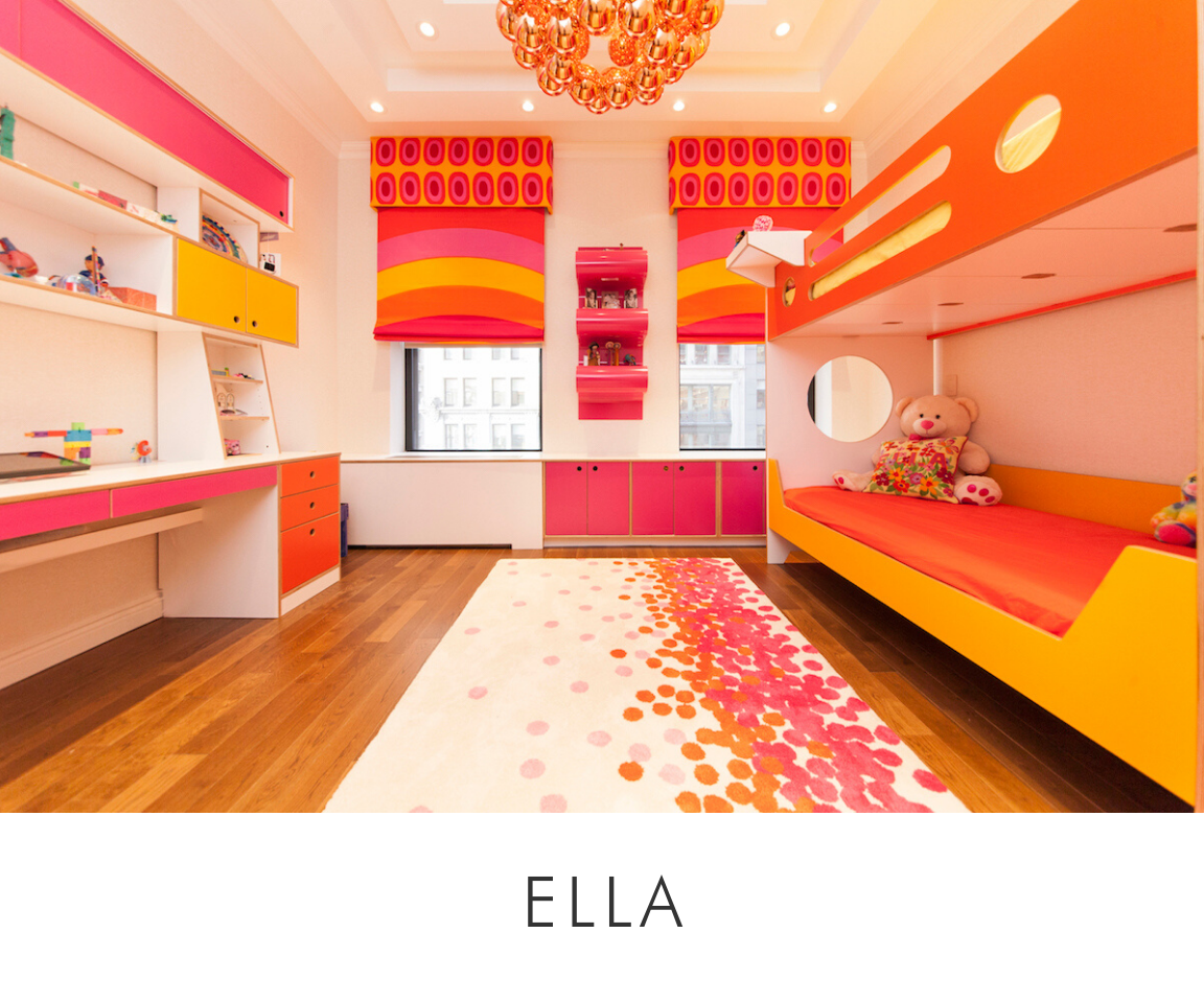 Ella room vibrant child's room with orange and pink decor, plush toys, and a colorful rug.