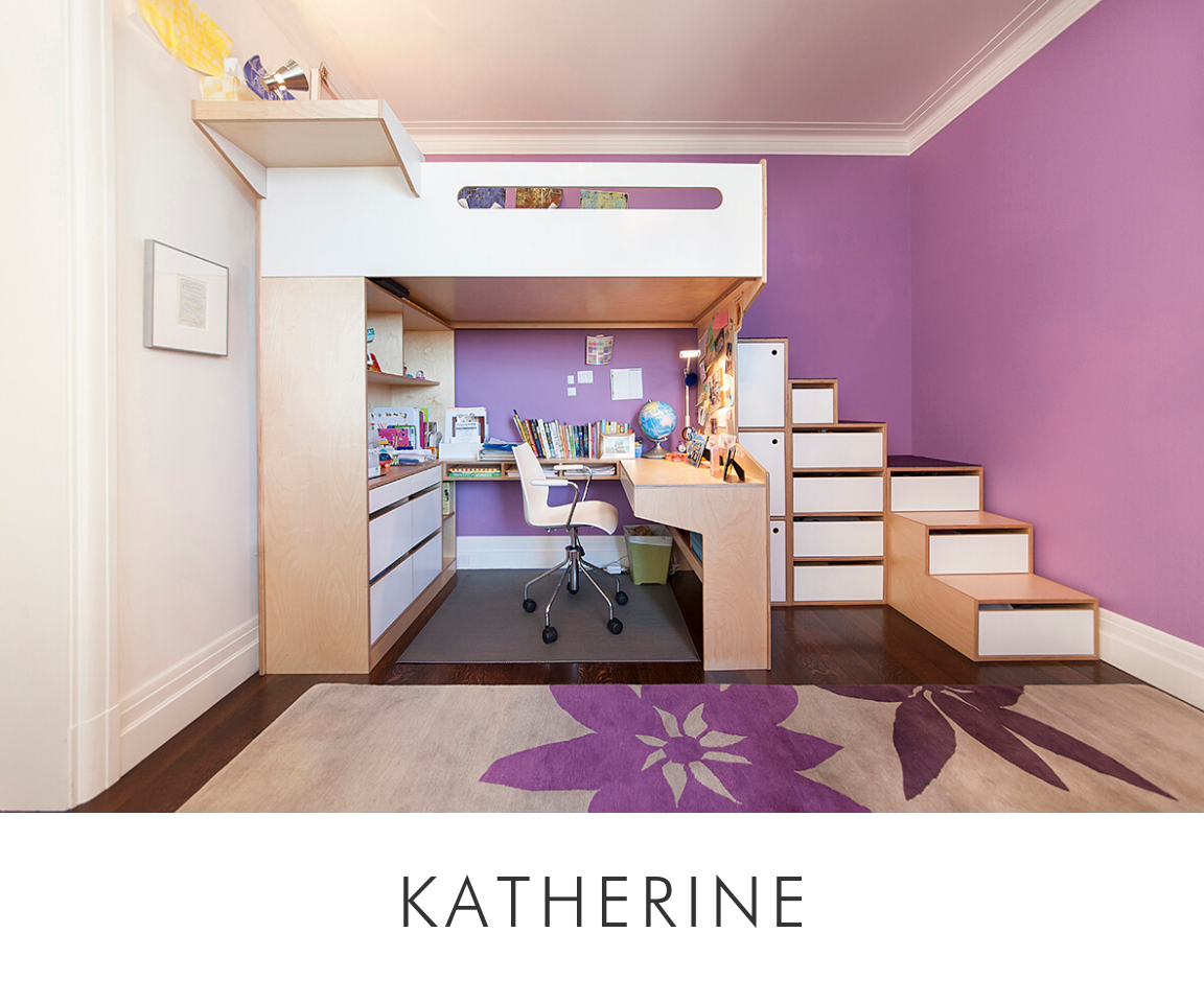 Katherine room modern study area with a loft bed, desk, purple walls, and a floral patterned rug.