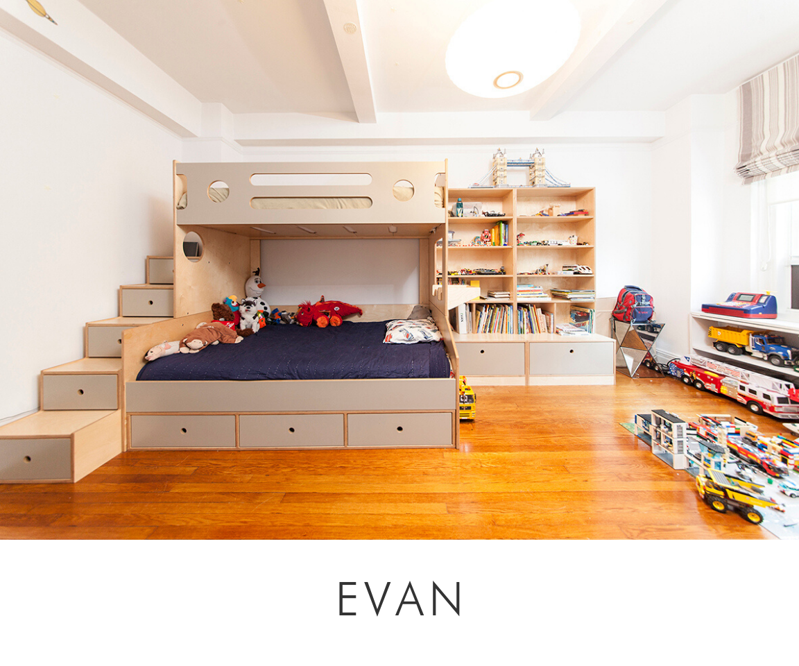 Evan room spacious child's room with loft bed, toy car display, bookshelves, and a hardwood floor.