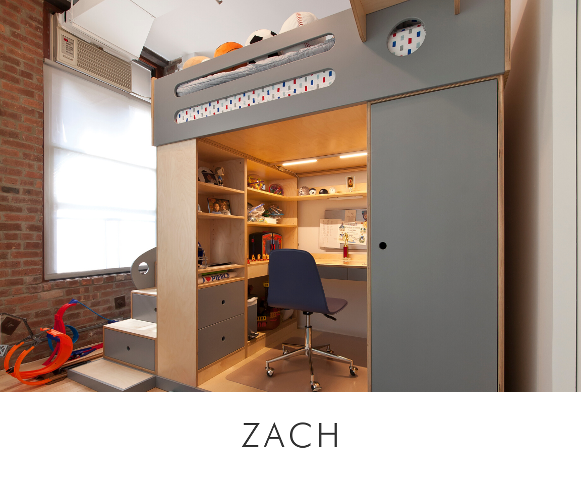 Zach room compact study space with a loft bed, desk, shelves, and brick wall backdrop.