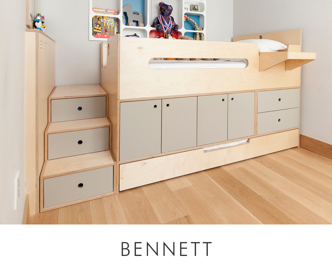 Bennett room minimalist children's bed with built-in storage and steps on a light wood floor.