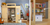 Dual image of a child's study area with a loft bed, desk, and shelving, showcasing a tidy workspace.