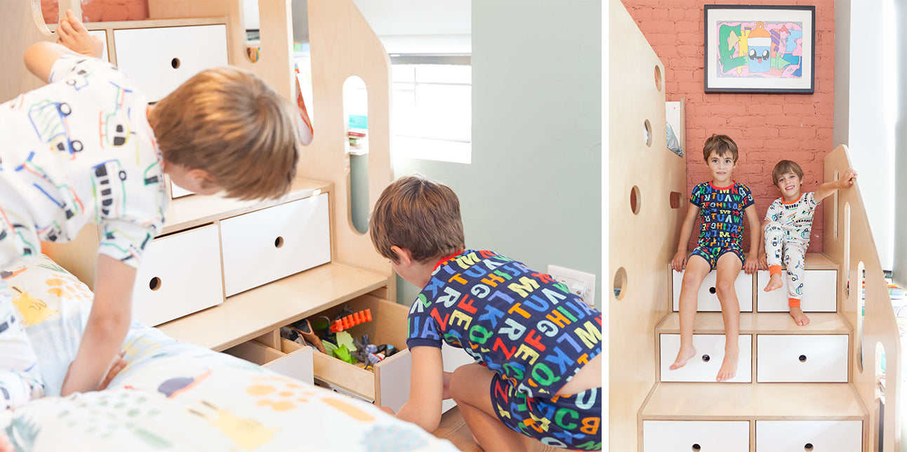 Two images of children playing in a custom-built bedroom with storage steps, under colorful wall decor.