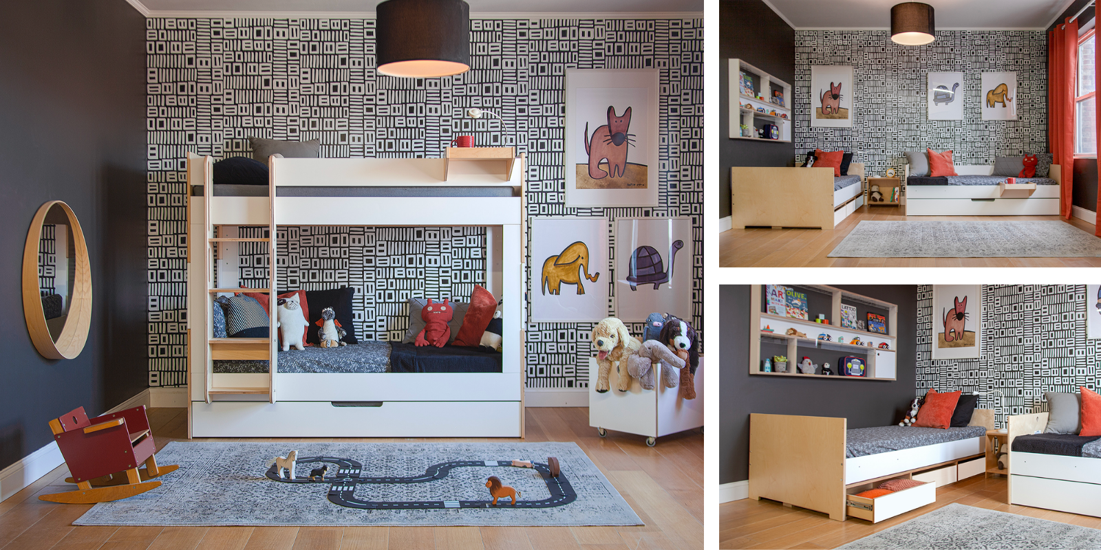 Triple panel image of a stylish child's room with a murphy bed, playful decor, and modern furniture.