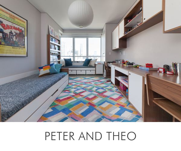 Peter and theo room with bed, vibrant rug, desk space, and large window with city view.