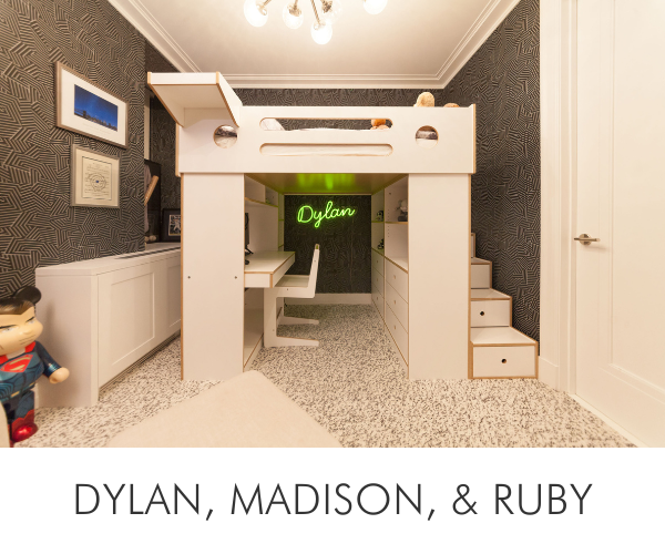 Dylan madison & ruby stylish room with a loft bed, desk underneath, patterned wallpaper, and shaggy carpet.