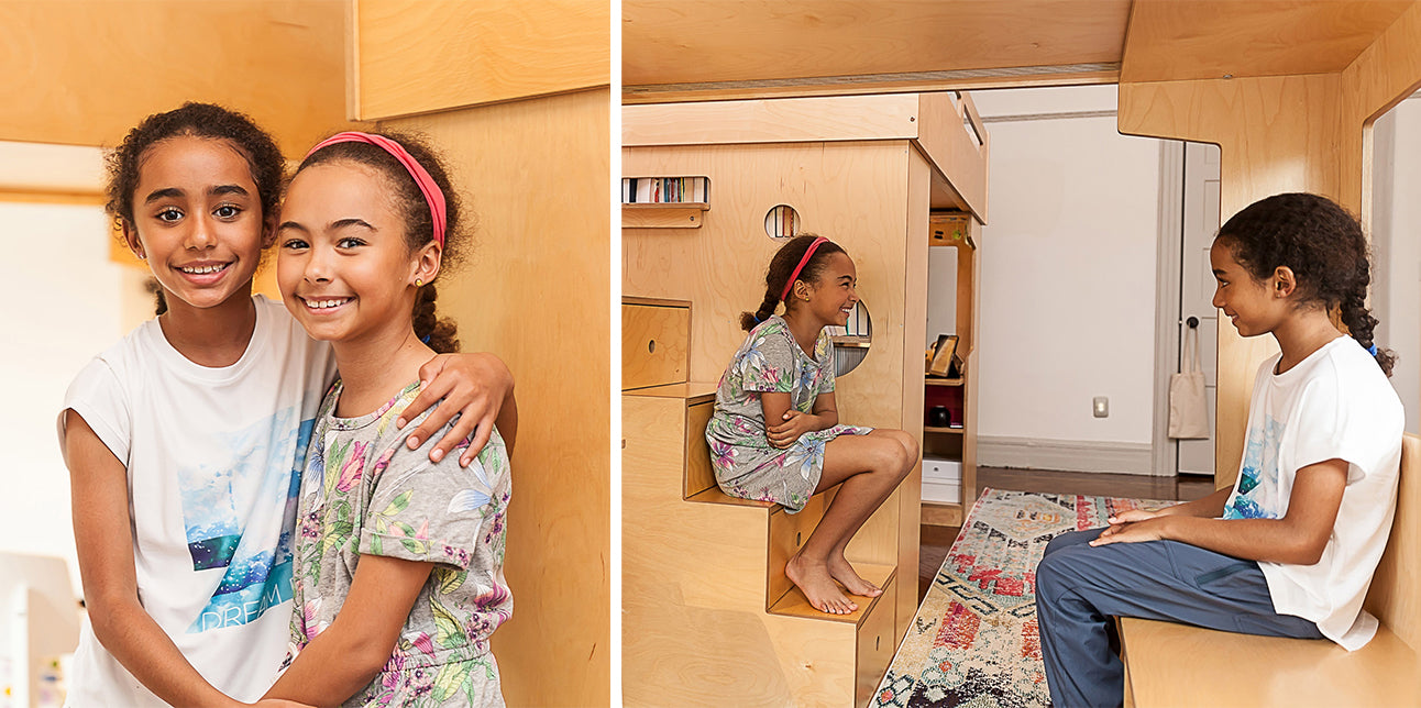 Split image of two siblings embracing happily and playing in a modern wooden bedroom with a murphy bed.