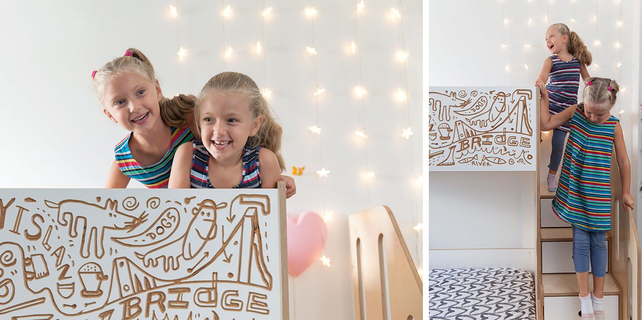 Split image of two girls playing on a wooden bed with decorative lights and playful illustrations.