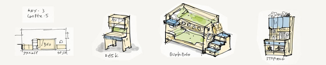 Sketches of multifunctional furniture designs including a desk, bunk bed, and storage unit.