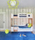 A modern kids' room with a blue and green-themed wooden bunk bed, geometric light fixture, and arrow-patterned wallpaper.