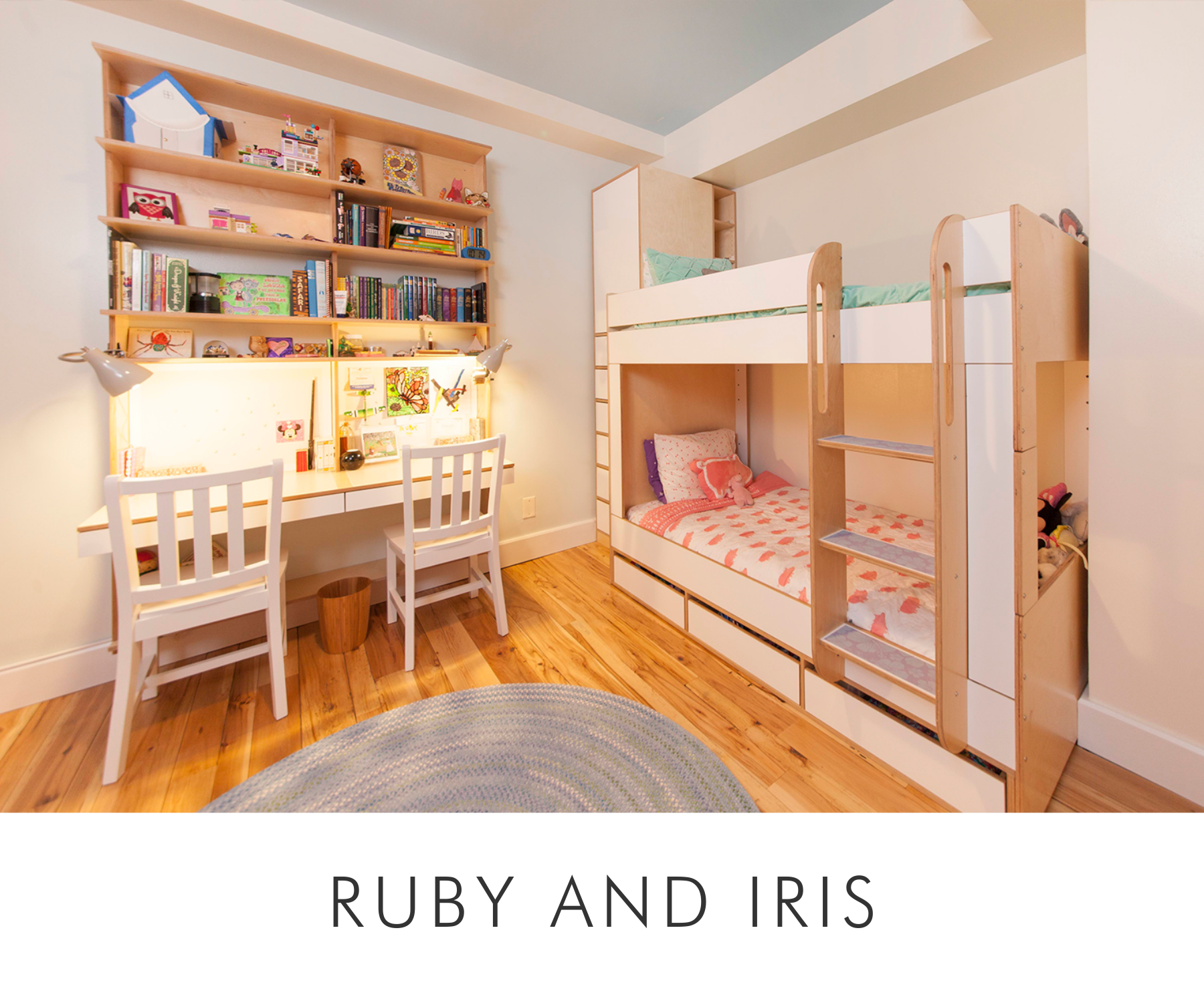 Ruby and iris cozy children's room with bunk beds, a study area with two chairs, and wooden shelves.