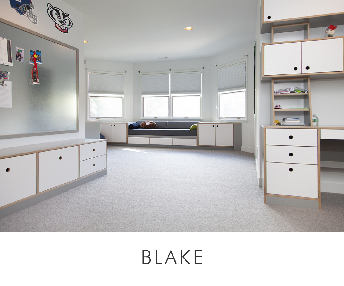 Blake room spacious room with white cabinetry, bench seating under windows, and carpeted floor.