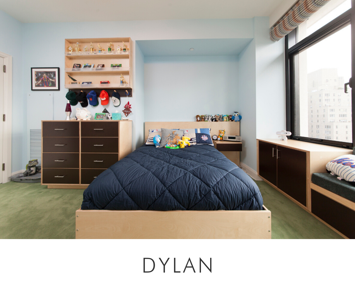 Dylan room urban-themed room with a large bed, wooden furniture, and a view of city buildings from the window.