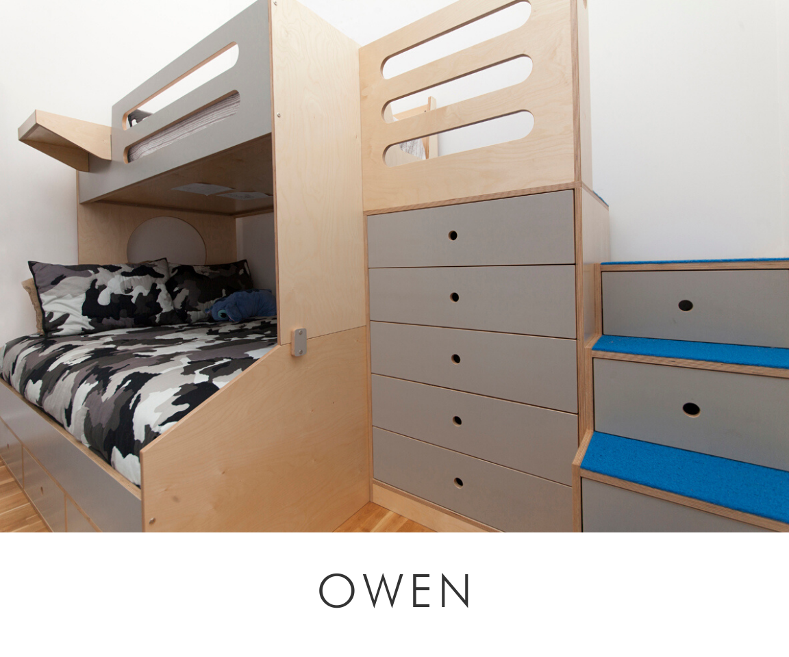 Owen room compact bunk bed setup with camouflage bedding and gray drawers with blue handles.