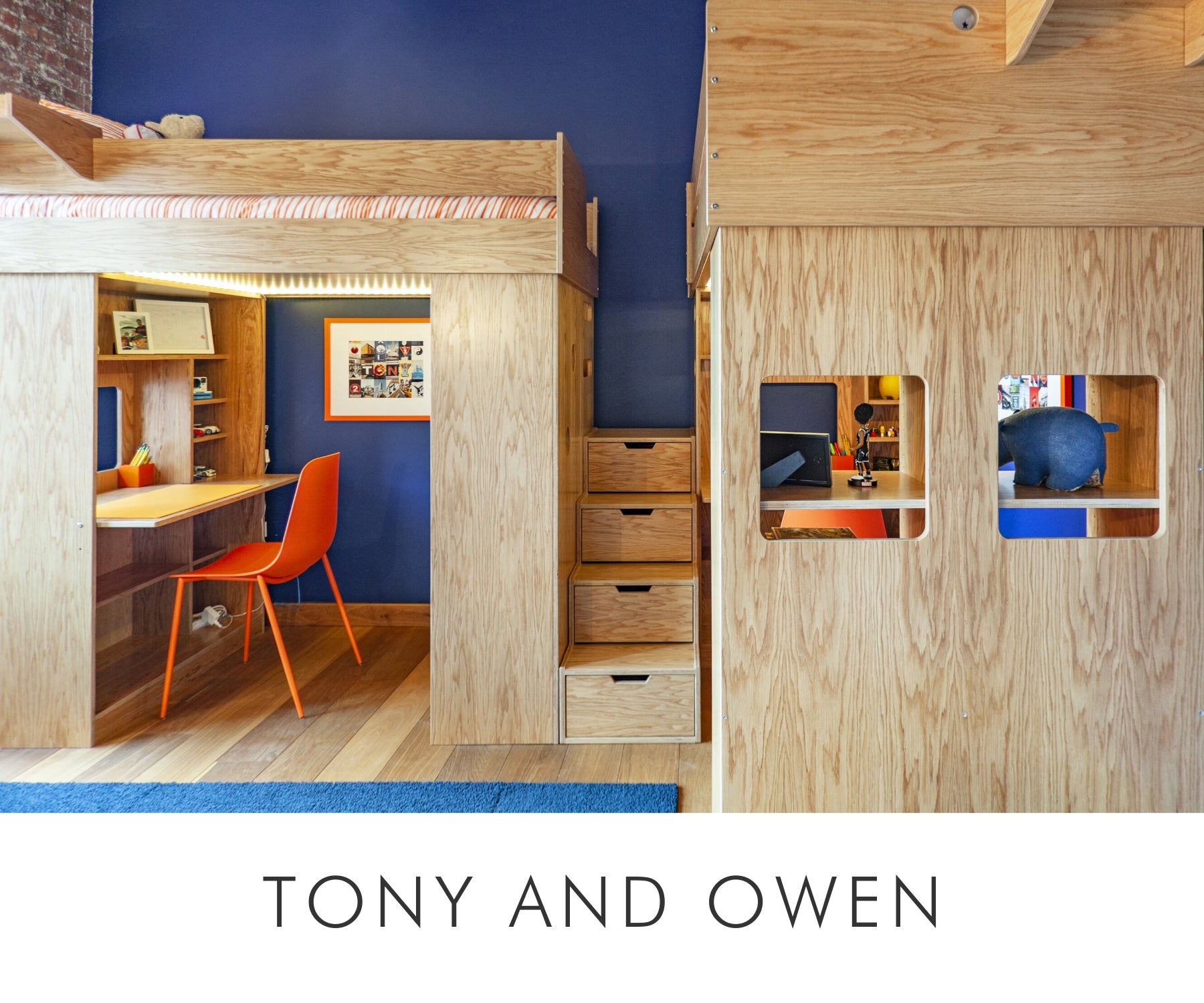 Innovative room with a loft bed, study area, wooden cabinetry, and blue accents on the walls.