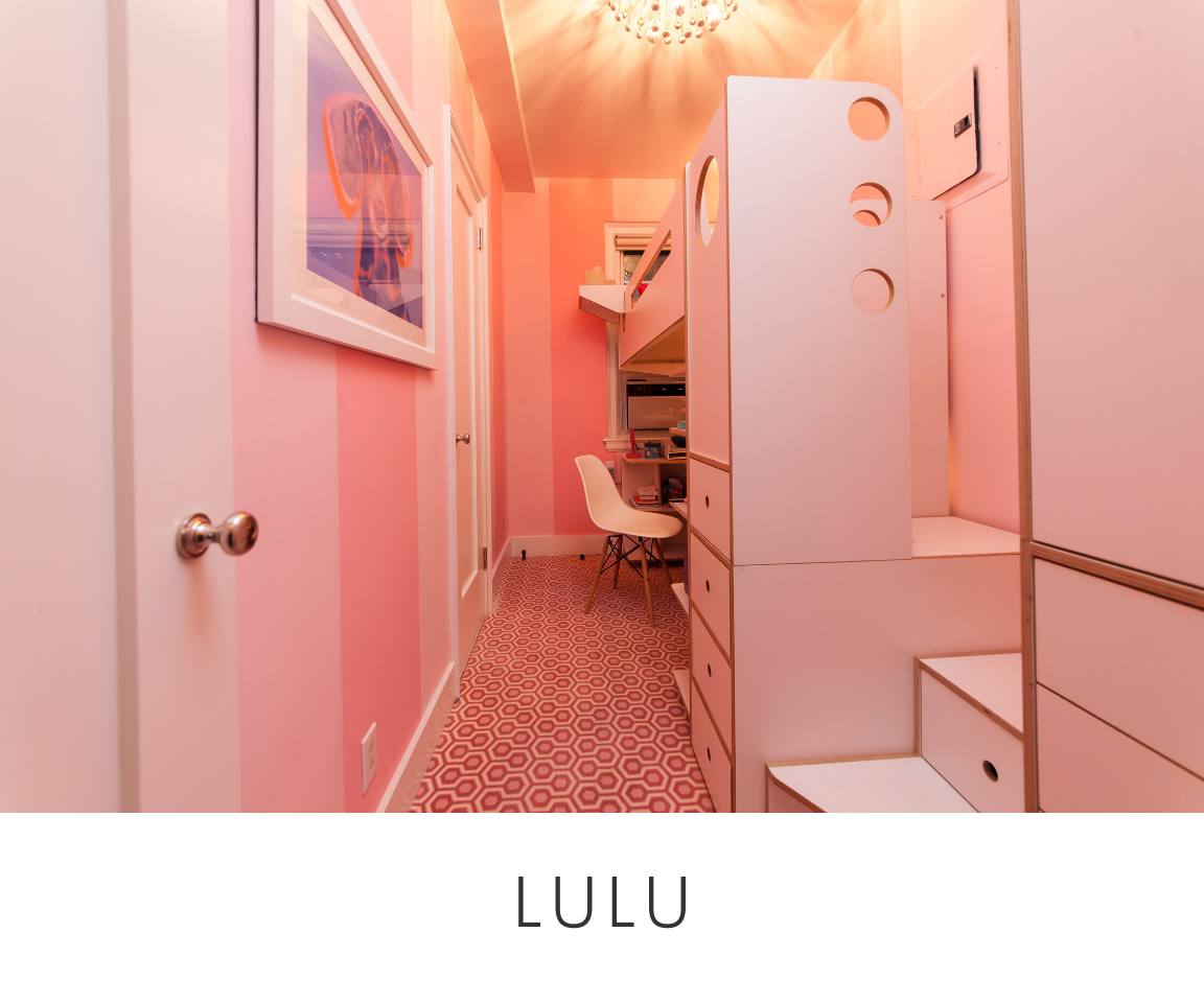 Lulu room pink-toned room with a desk, patterned floor, and modern cabinetry along a narrow hallway.