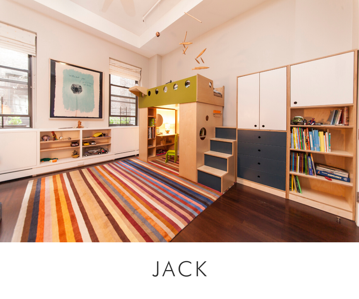 Jack room spacious child's room with colorful striped rug, loft bed, wooden shelves, and large windows.