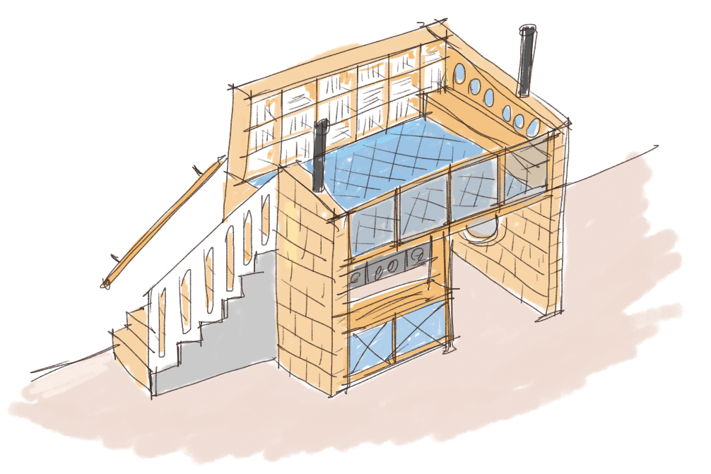 Architectural sketch of a two-story wooden playhouse with stairs and a transparent roof, imaginative design.